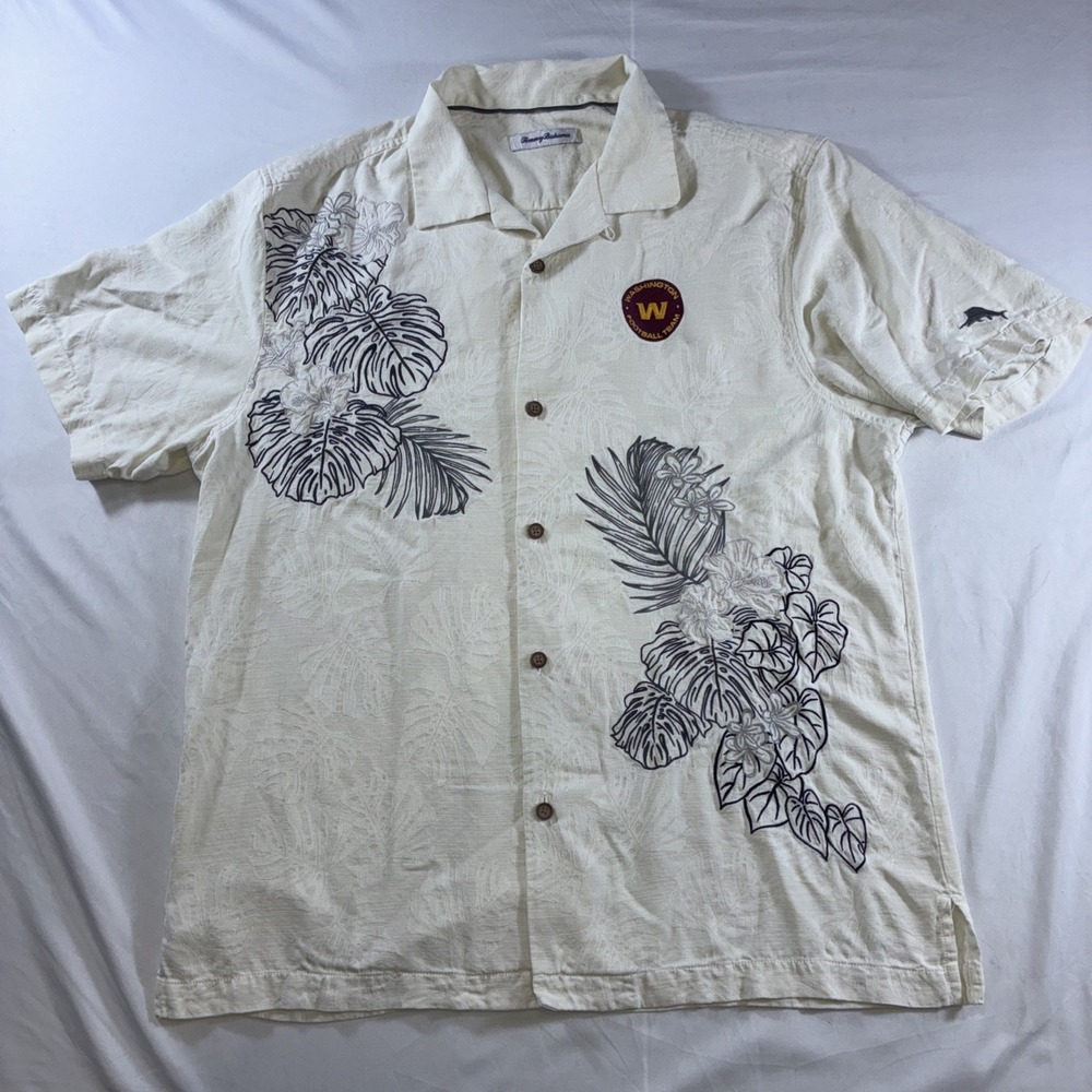 Tommy Bahama Washington Football Team Silk Blend Camp Shirt Cream Mens Large - Picture 2 of 15